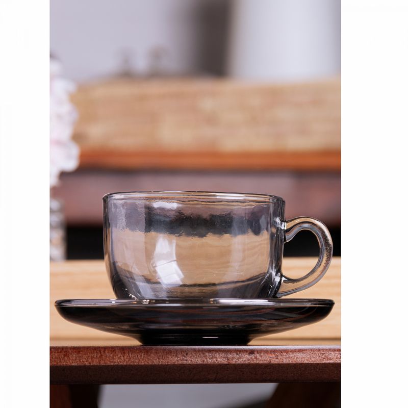 Xicara-de-Cha-com-Pires-Nice-de-Vidro-150ml-Cinza-Lyor