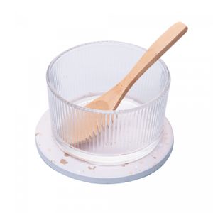 Petisqueira Redonda de Vidro com Colher de Bambu e Suporte Terrazo 12x10x6,5cm Lyor