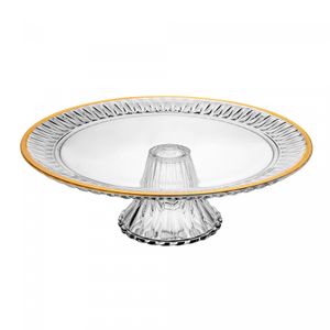 Prato para Bolo de Cristal com Pé e Fio de Ouro Radial 32cm x 32cm x 10cm - Lyor