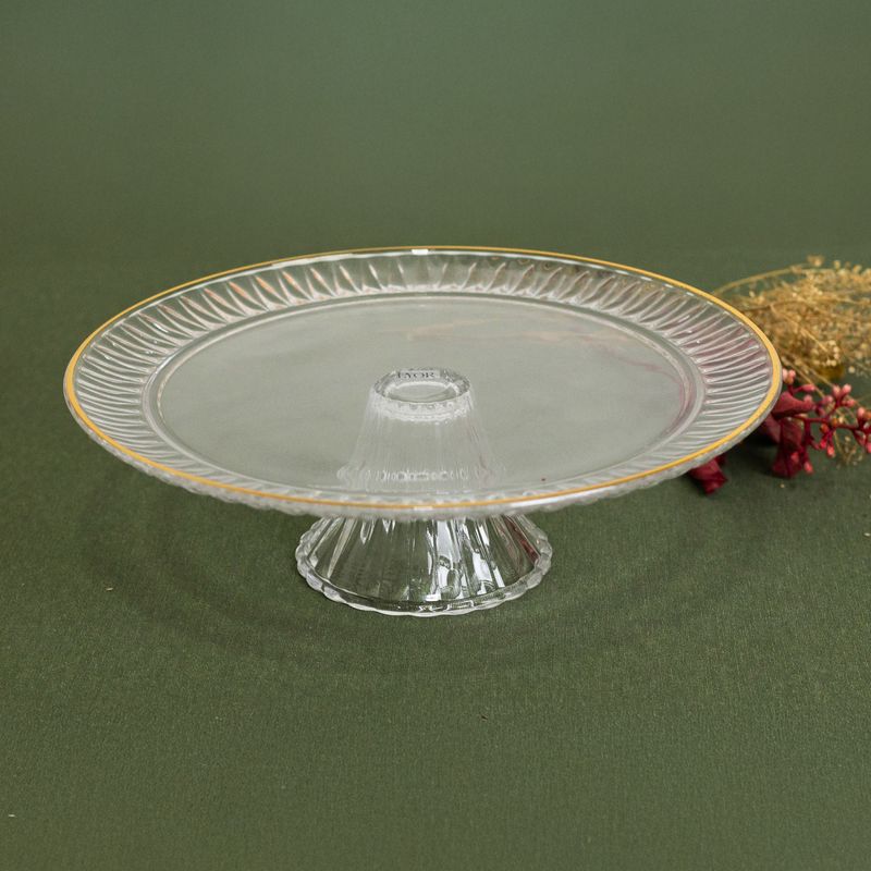 Prato-para-Bolo-de-Cristal-com-Pe-e-Fio-de-Ouro-Radial-32cm-x-32cm-x-10cm-Lyor
