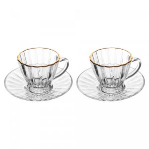 Conjunto 2 Xícaras para Chá de Cristal com Fio de Ouro e Pires Radial 180ml - Lyor