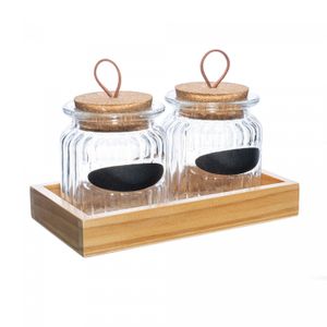 Conjunto 2 Potes com Tampa de Cortiça e Suporte de Madeira 260ml Vidro - Lyor