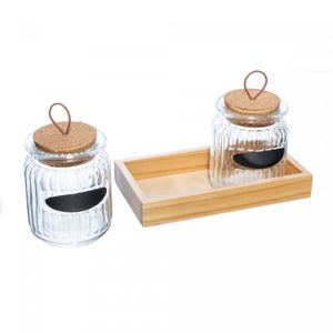 Conjunto 2 Potes com Tampa de Cortiça e Suporte de Madeira 260ml Vidro - Lyor
