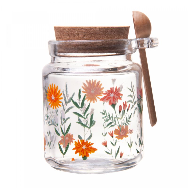 Porta-Mantimento-Redondo-de-Vidro-com-Tampa-e-Colher-de-Bambu-Flora-240ml-Lyor