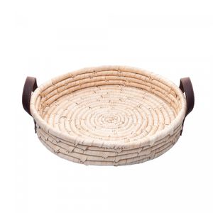 Bandeja Redonda Decorativa de Fibra Natural e Alça em Couro Braid - Lyor