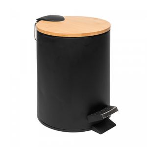 Lixeira Redonda de Metal com Pedal e Tampa em Bambu Preta 5L - Lyor
