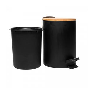 Lixeira Redonda de Metal com Pedal e Tampa em Bambu Preta 5L - Lyor