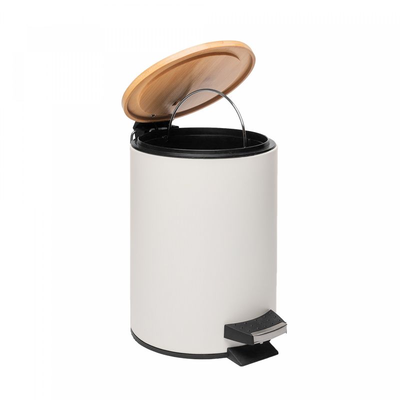 Lixeira-Redonda-de-Metal-com-Pedal-e-Tampa-em-Bambu-Branca-5L-Lyor