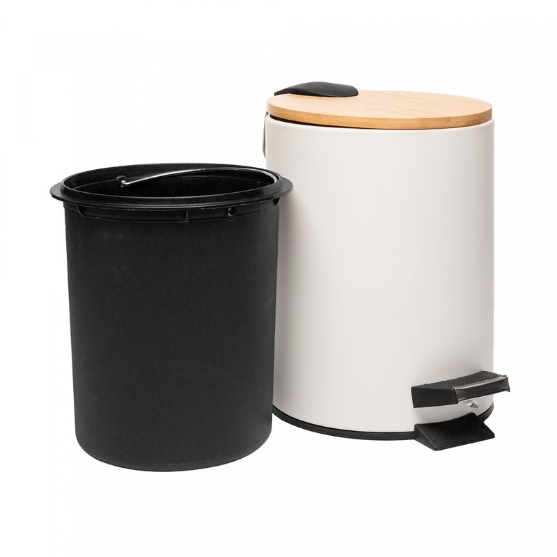 Lixeira-Redonda-de-Metal-com-Pedal-e-Tampa-em-Bambu-Branca-5L-Lyor