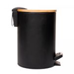 Lixeira-Redonda-de-Metal-com-Pedal-e-Tampa-em-Bambu-Preta-3L-Lyor