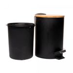 Lixeira-Redonda-de-Metal-com-Pedal-e-Tampa-em-Bambu-Preta-3L-Lyor