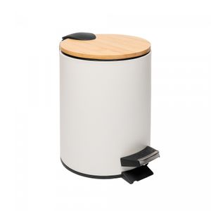 Lixeira Redonda de Metal com Pedal e Tampa em Bambu Branca 3L - Lyor
