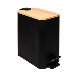 Lixeira Retangular de Metal com Pedal e Tampa em Bambu Preta 5L - Lyor