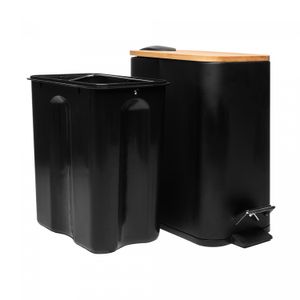 Lixeira Retangular de Metal com Pedal e Tampa em Bambu Preta 5L - Lyor