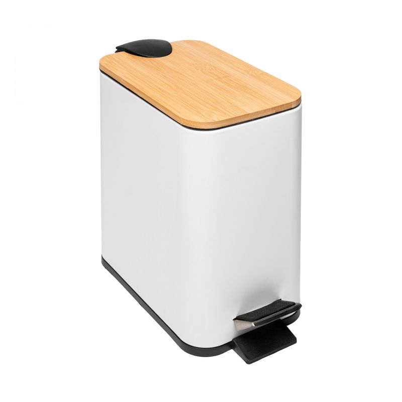 Lixeira-Quadrada-de-Metal-com-Pedal-e-Tampa-em-Bambu-Branca-5L-Lyor
