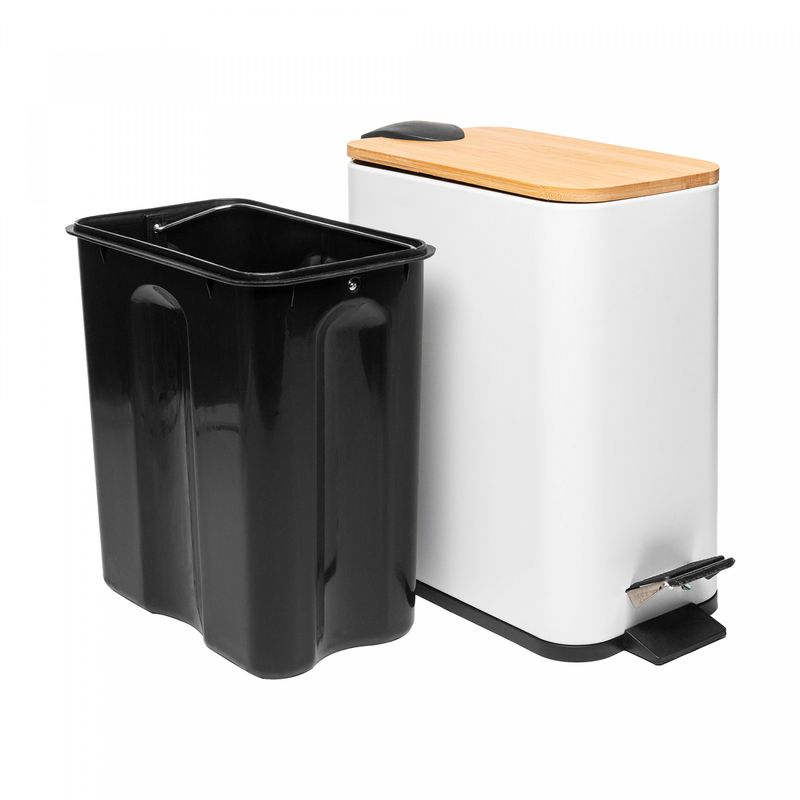 Lixeira-Quadrada-de-Metal-com-Pedal-e-Tampa-em-Bambu-Branca-5L-Lyor