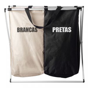 Cesto para Lavanderia de Poliéster com Alças e 2 Compartimentos Dobrável 59cm x 38cm x 57cm - Lyor