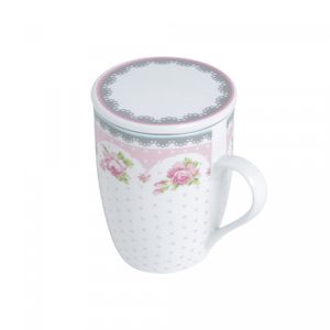 Caneca de Porcelana Super White com Tampa e Filtro Rose Rosa/Branca 340ml - Lyor
