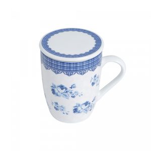 Caneca de Porcelana Super White com Tampa e Filtro Grécia Azul/Branca 340ml - Lyor