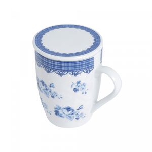 Caneca de Porcelana Super White com Tampa e Filtro Grécia Azul/Branca 340ml - Lyor