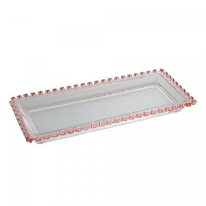 Travessa Retangular de Cristal Coração Borda Rosa 30cm x 13cm x 3cm - Lyor