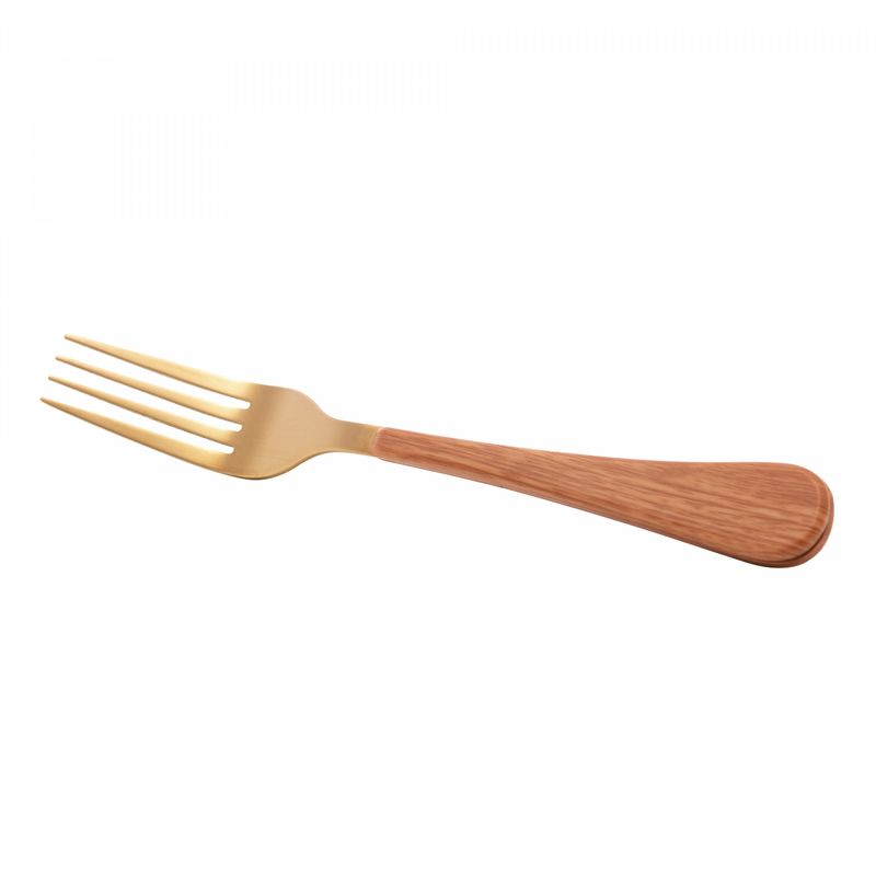Conjunto-6-Garfos-para-Bolo-de-Aco-Inox-com-Cabo-em-Plastico-Amadeirado-Milao-Dourado-165cm-Wolff