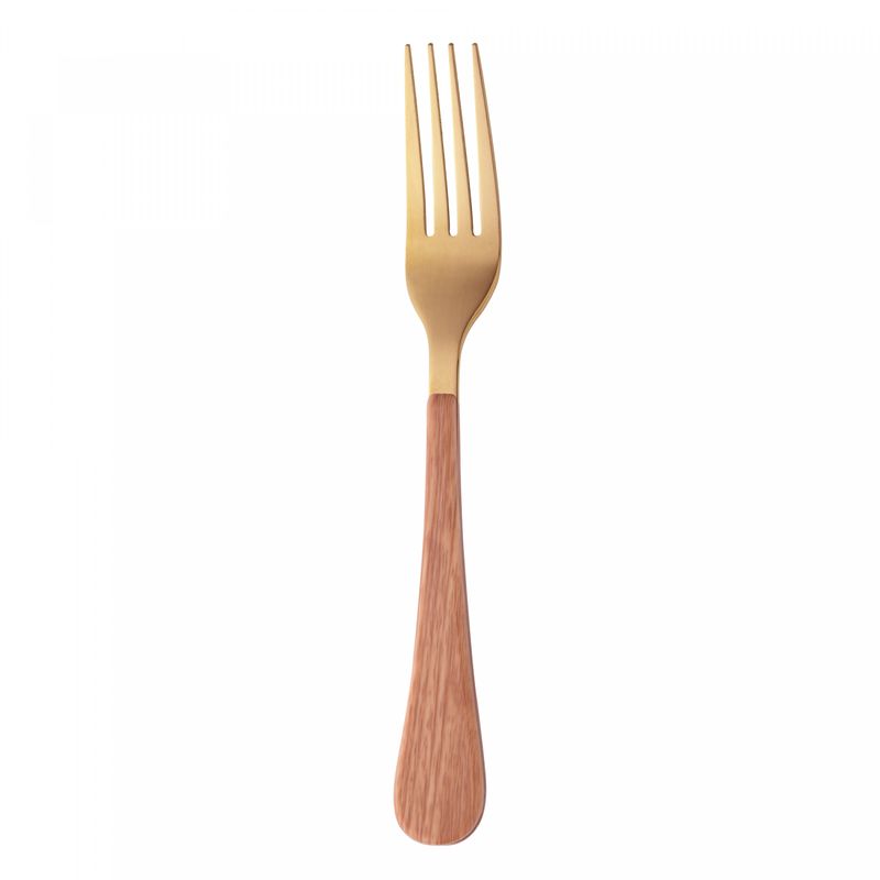 Conjunto-6-Garfos-para-Bolo-de-Aco-Inox-com-Cabo-em-Plastico-Amadeirado-Milao-Dourado-165cm-Wolff