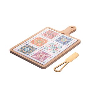 Conjunto 3 Peças para Queijo com Bandeja de Bambu Faca Dourada e Tábua Ladrilho 29x17x1,5cm Wolff