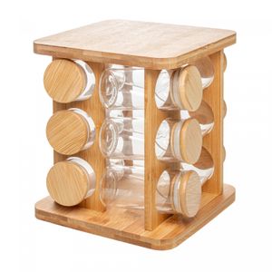 Conjunto 12 Potes em Borossilicato com Tampa Hermética e Rack Giratório em Bambu 120ml - Wolff