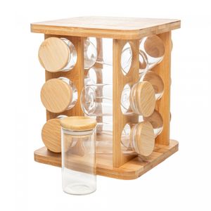 Conjunto 12 Potes em Borossilicato com Tampa Hermética e Rack Giratório em Bambu 120ml - Wolff