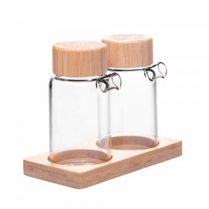 Conjunto 2 Galheteiros de Vidro Borossilicato com Tampa e Suporte de Bambu 170ml - Wolff