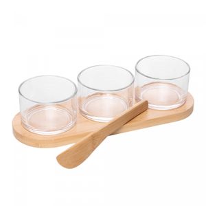 Conjunto 3 Petisqueiras com Espátula e Bandeja Bambu 25,5cm x 9cm x 5,5cm Vidro - Wolff