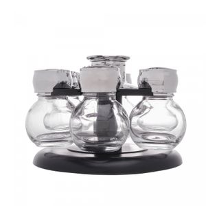 Conjunto 6 Porta Tempero de Vidro com Tampa Plástico e base Giratória Poli Preta 17cm x 11cm - Wolff