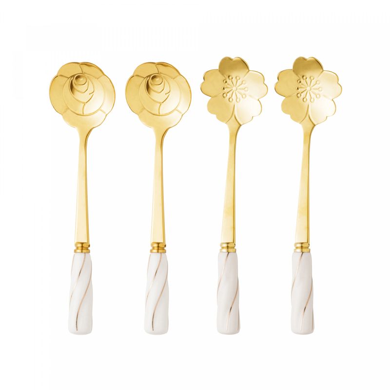 Conjunto-4-Colheres-de-Cha-de-Aco-Inox-com-Cabo-de-Ceramica-Flowers-Dourado-Branco-Wolff