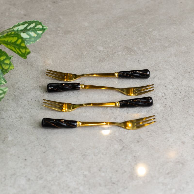 Conjunto-4-Garfos-para-Aperitivo-de-Aco-Inox-Dourado-com-Cabo-de-Ceramica-Preto-Wolff