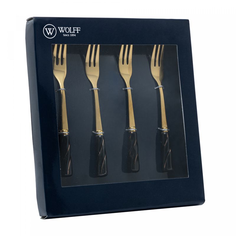 Conjunto-4-Garfos-para-Aperitivo-de-Aco-Inox-Dourado-com-Cabo-de-Ceramica-Preto-Wolff