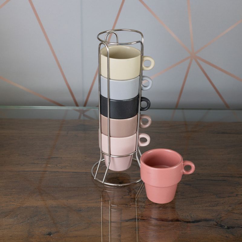 Conjunto-6-Xicaras-de-Cafe-Empilhaveis-de-Ceramica-com-Suporte-Coloridas-90ml-Wolff