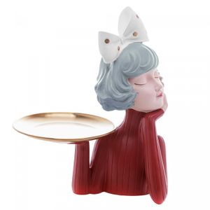 Figura Decorativa Boneca com Bandeja de Resina 24cm x 18cm x 32cm - Wolff
