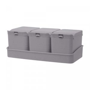 Conjunto 3 Porta Temperos de Bambu e PP com Colher e Bandeja Lines Cinza 10cm x 18cm x 7cm - Lyor