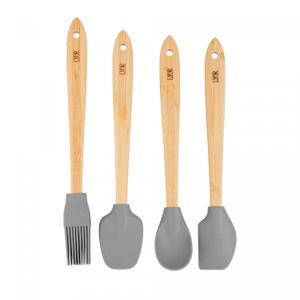Conjunto 4 Utensílios de Silicone com Cabo em Bambu Cinza - Lyor
