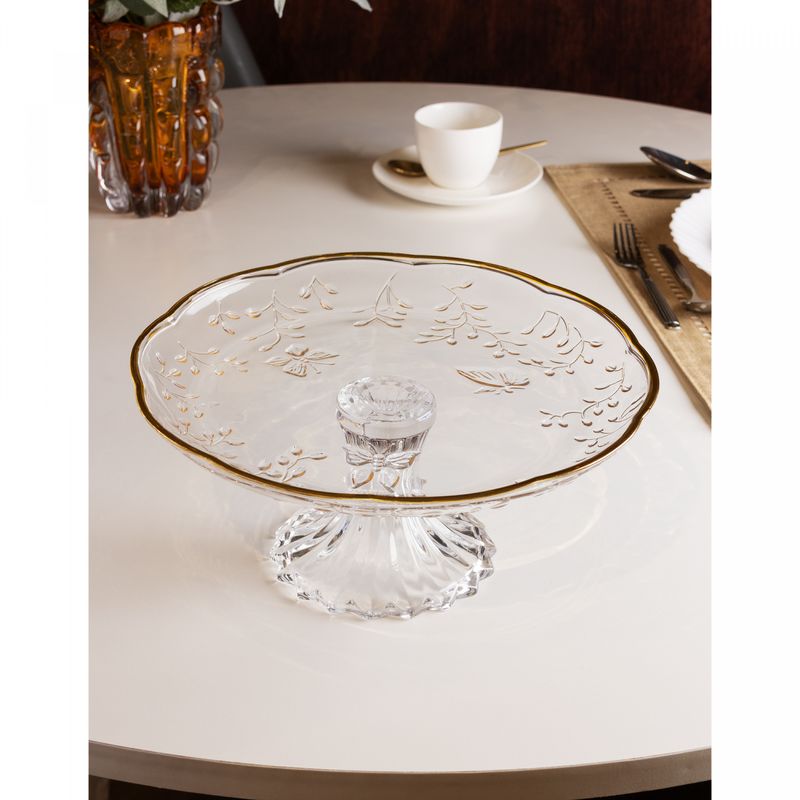 Prato-para-Bolo-com-Pe-New-Butterfly-com-Fio-de-Ouro-265cm-x-27cm-x-12cm-Cristal-Ecologico-Lyor