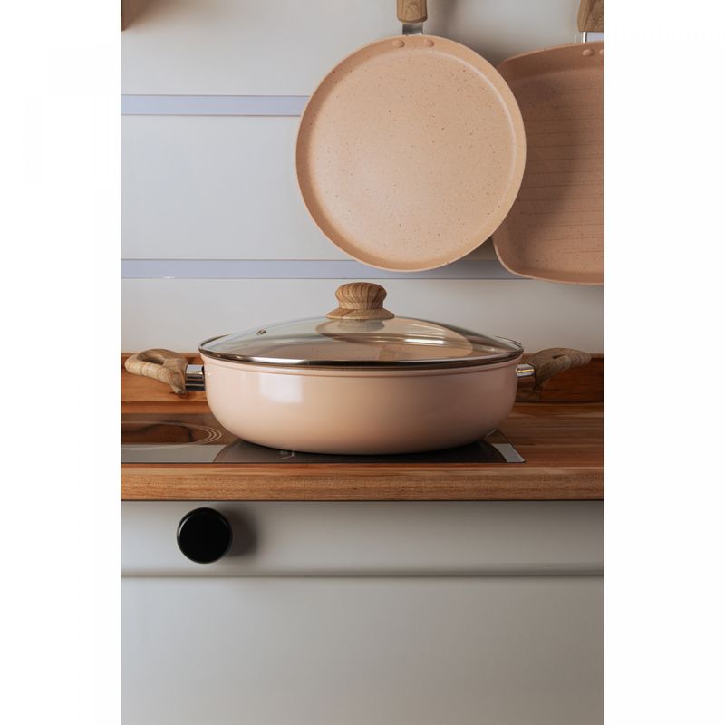 Wok-de-Inducao-com-Tampa-de-Vidro-Granito-Chef-28cm-Bege-Aluminio-com-Revestimento-Ceramico-Lyor