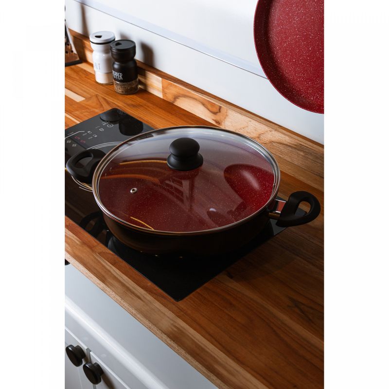 Wok-de-Inducao-com-Tampa-de-Vidro-Granito-Chef-28cm-Vermelho-Aluminio-com-Revestimento-Ceramico