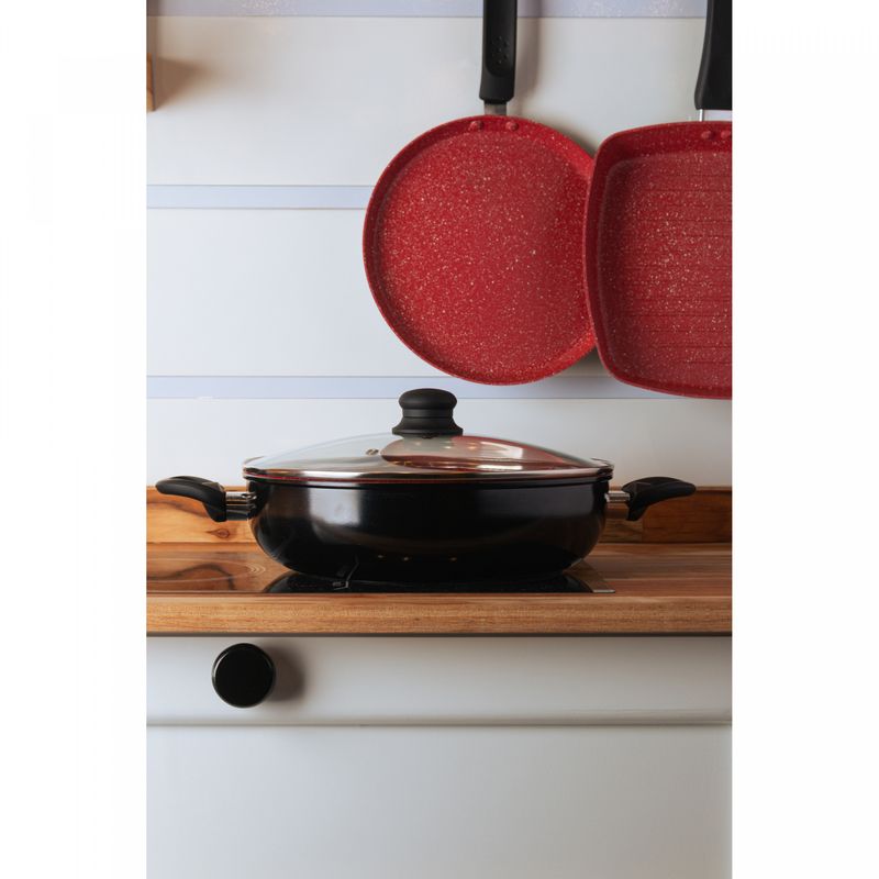 Wok-de-Inducao-com-Tampa-de-Vidro-Granito-Chef-28cm-Vermelho-Aluminio-com-Revestimento-Ceramico